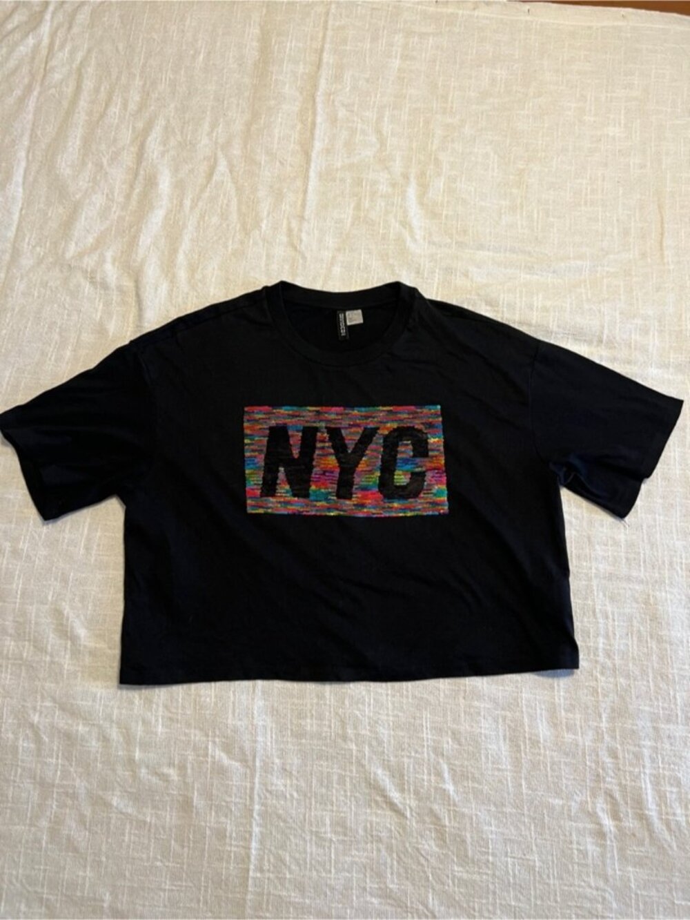 Black NYC Graphic Cropped Tee - Multicolor Sequin Logo